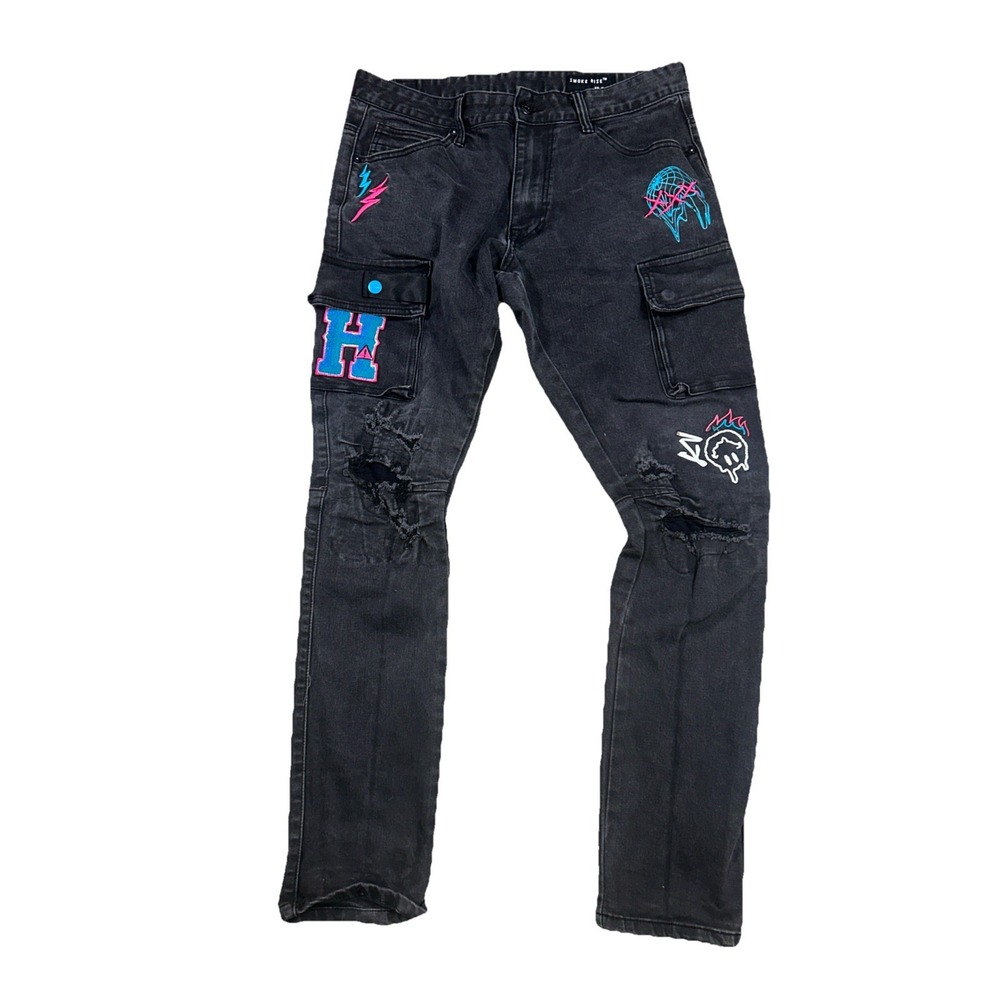 Smoke Rise Mens Distressed Graffiti Cargo Pants 36x34‎ Black Grunge Urban Street
